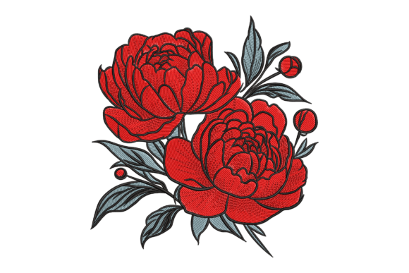 Red Peony Flowers Embroidery Design